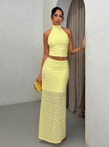 SHEIN BAE Summer Beach Vacation Solid Light Yellow Bow Halter Neck Suit Vest Suit Skirt Suit, Suitable For Daily Dating, Night Out, Nightclubs, Parties, Get-Togethers, Cocktail Parties, Pool Parties, Back-To-School Season Clothes, Back-To-School Season Dresses, Holiday Dresses, Music Festival Clothes, Country Music Festival Clothes, Concert Clothes - Mustard Yellow - View 1