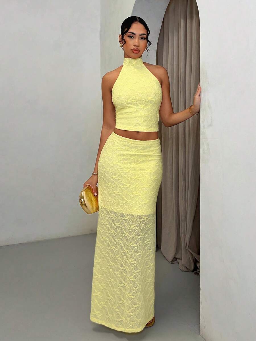 SHEIN BAE Summer Beach Vacation Solid Light Yellow Bow Halter Neck Suit Vest Suit Skirt Suit, Suitable For Daily Dating, Night Out, Nightclubs, Parties, Get-Togethers, Cocktail Parties, Pool Parties, Back-To-School Season Clothes, Back-To-School Season Dresses, Holiday Dresses, Music Festival Clothes, Country Music Festival Clothes, Concert Clothes - Mustard Yellow - View 1