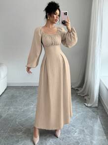 Modelyn 女士优雅长裙，方领，灯笼袖，褶皱，后系带，纯色，适合秋季长款女装