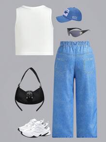 SHEIN 1pc Young Girl Casual Cool Print White Crop Top And Denim Effect Print Long Pants 2 Pieces Set, Summer Young Girls Clothing Young Girls Sets - White - View 2