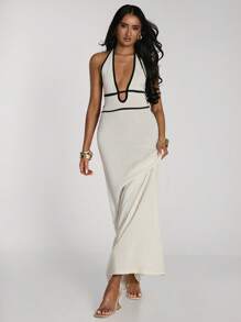 SHEIN BAE Women's Sexy Contrast Color Trim Backless Halter Long Knitted Dress Dresses For Women Summer Outfits For Women Vacation Outfits Woman White Dress Summer Dresses For Women Summer Dress Beach Outfits For Woman Western Wear Women Beach Vacation Bathing Suit Cover Up - Black and White - View 6