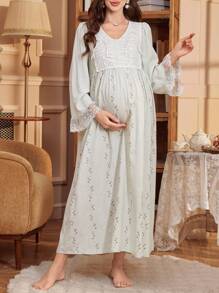 PalaceNights 宫廷风V领半开襟刺绣长袖孕妇睡裙娃娃衫奢华家居服，适合秋冬季穿着