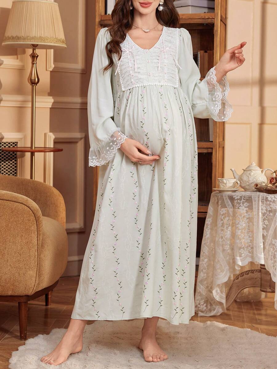 PalaceNights 宫廷风V领半开襟刺绣长袖孕妇睡裙娃娃衫奢华家居服，适合秋冬季穿着