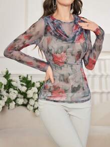 Modelyn Women's Mesh Print Loose Crew Neck Long Sleeve Casual Fitted T-Shirt - Multicolor - View 6