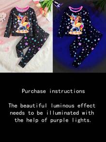 2 件套小女孩可爱骑马和夜光星星印花简约优雅长袖休闲宽松家居服套装，幼儿 - 杏色 - 查看 5