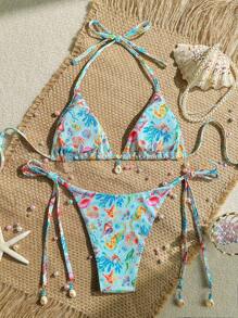 Swim Mod 2pcs/Set Beach Summer Outfits For Women, Random Print Ribbed Texture Shell Decor Halter Top And Side Tie Swimwear Bohemian Bikini Set - Multicolor - View 2