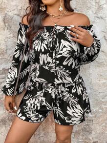 Breezaya Plus Size Women Tropical Floral Print Off-Shoulder Lantern Sleeve Top And Shorts 2pcs Set - Multicolor - View 3