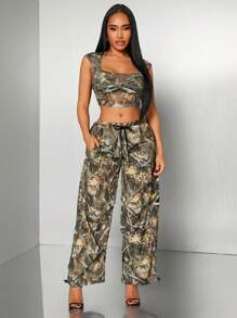 SHEIN SXY Summer Street Casual Everyday Comfort Camouflage Print Woven Baggy Ultra-Low Waist Pants With Pockets - Multicolor - View 1