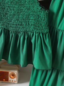 2pcs/Set Young Girl Cabling Craft Ruffle Hem Top With Cap Sleeve & Ruffle Trim Pants Set