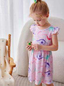 Vestido Estampado com Dinossauro para Bebê Menina, Vestido Simples e Estiloso de Primavera e Verão para Bebê Menina, Vestido Rosa Fofo de Verão para Bebês - Rosa chiclete - Visão 5