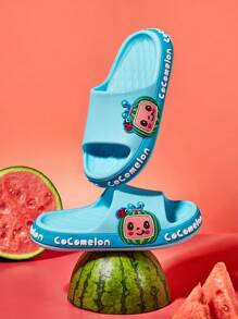 CoComelon X SHEIN Papuci albaștri pentru copii, cu desene animate, cu pepene verde, material EVA ușor și confortabil, anti-alunecare, potriviti pentru copii mici, plajă, în aer liber, în interior, băieți și fete