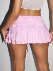 SHEIN ICON Women's Ruffled Tie-Up Design Short Denim Skirt - Pink - View 2