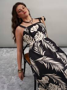 SHEIN LUNE SHEINLUNE 大码黑白植物花卉印花吊带连衣裙 春假波西米亚风狂欢服装 节日春假服装 老钱风格女士狂欢服装 音乐会服装女士狂欢服装 节日狂欢服装 乡村音乐会服装 纳什维尔服装 伊比沙岛服装 西部服装女士 波西米亚风度假服装女士 图案热带度假女装