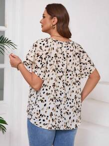SHEIN Clasi Plus Size Cheetah Print Tie Front Blouse With Ruffled Sleeves - Apricot - View 8