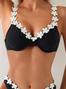 SHEIN Swim Women 2pcs/Set Solid Color Underwire Bra And Floral Low Rise Panty, Adult Floral Bikini Swimwear Set, Spring Break For Summer Beach Vacation - Multicolor - View 4