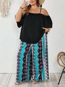 SHEIN CURVE+ Plus Size Women Summer Open Shoulder Short Sleeve Blouse And Floral Print Wide Leg Pants 2 Pieces Set Boho Vacation