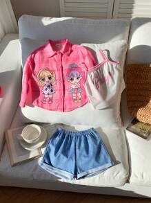 SHEIN 女婴卡通图案衬衫、吊带背心和短裤套装，春夏 - 白色 - 查看 3