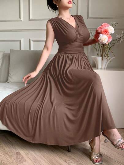 DAZY Solid Color V-Neck Pleated Sleeveless Women Midi Dress Prom Dress Elegant Sundress