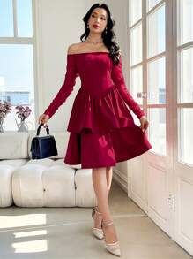 Modelyn Vestido elegante de mujer de unicolor con tejido de malla y hombros descubiertos de largo medio - Burdeos - Ver 5