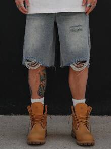 DAZY Washed Blue Ripped Denim Shorts For Men, Summer - Blue - View 7