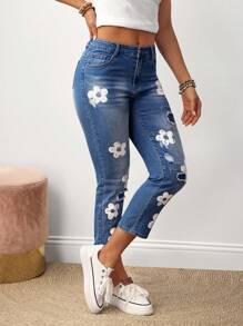 SHEIN Tall Jeans casuales de mujer con estampado floral y bolsillo con botones en la bragueta - Azul - Ver 3