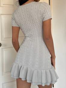 SHEIN EZwear Women Knight Pattern Round Neck Short Sleeve Ruffled Hem Knit Dress,Fall Dress - Grey - View 2