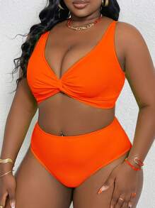 Slaydiva 2 件套大码女式纯色吊带背心分体式时尚休闲沙滩泳装套装 - 橘色 - 查看 4