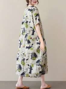 Vestido casual de mujer de cuello redondo y manga corta con estampado de batik - Caqui - Ver 2