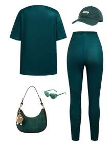 SHEIN Sparklyn 2pcs/Set Teen Girls Casual Printed T-Shirt And Pants Set, Crew Neck Short Sleeve Top With Fashionable Car, Digital, Flame Graphics, Stylish And Look, Suitable For Spring/Summer - Dark Green - View 2