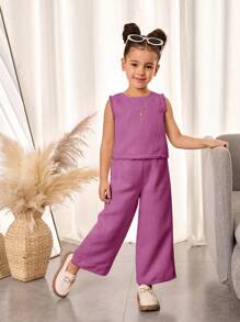 两件套：年轻女孩无袖梭织上衣和宽松休闲梭织裤 - 紫色 - 查看 5