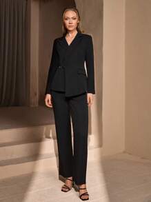 RueChic Bộ đồ hai mảnh màu trơn dành cho nữ Blazer và quần - màu đen - Xem 3