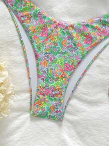 Swim Mod 女士海滩夏季服装 - 2 件套：随机印花细肩带金色比基尼上衣和高腰泳裤，假日度假比基尼泳装 - 彩色 - 查看 4