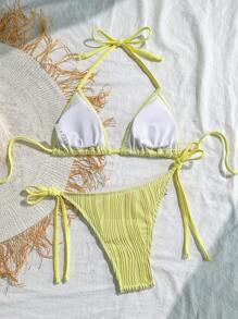 Soleia Summer Outfits For Women,Swim Suits For Women,Vacation Outfits Woman,Beachwear,Beach Outfits For Woman,Women's Bright Yellow Knitted Wave Pattern Jacquard Textured V-Neck Backless Halter Tassel Decor Beach Bikini Set, Vacation