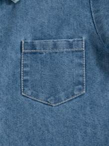 SHEIN Young Boy Summer New Denim Short Sleeve Shirt With Pocket Decoration, Casual Solid Color Thin Shirt, 2025 New Collection