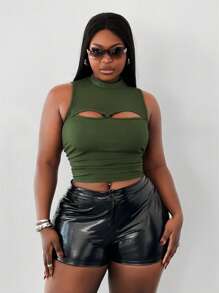 Maweii Plus Size Stand Collar Twist Front Cutout Sleeveless Sexy Tank Top - Army Green - View 2