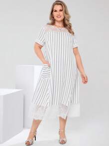 EMERY ROSE 大码女式撞色蕾丝圆领条纹休闲连衣裙，优雅女装，女士夏季服装/夏季，夏季服装，女士度假服装/度假，朴素服装 - 白色 - 查看 4
