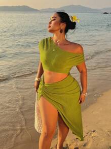 Sunnyshic Váy midi xoắn phía trước gợi cảm dệt kim nhăn nheo cỡ lớn màu xanh lá cây - màu xanh lá - Xem 7