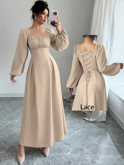 Modelyn Vestido largo elegante de mujer con cuello cuadrado, mangas farol, pliegues y lazo en la espalda, de un solo color, para un atuendo de mujer maxi de otoño