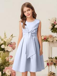 Tween Girls Princess Dress, Elegant Sleeveless Girl Birthday Party Wedding Flower Girl Bridesmaid Dress With Bowknot - Blue - View 6