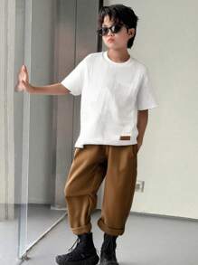 SHEIN Teen Boys' Texture Stripe T-shirt And Long Pants Casual 2pcs Outfits