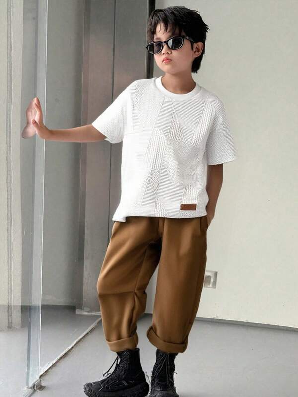 SHEIN Teen Boys' Texture Stripe T-shirt And Long Pants Casual 2pcs Outfits