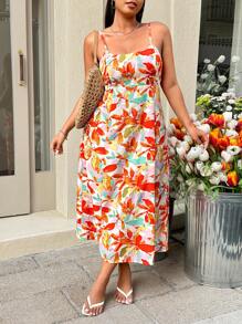 SHEIN EZwear Plus Size Women Holiday Style Print Spaghetti Strap A-Line Dress - Multicolor - View 3