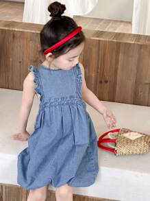 DAZY Vestido de mezclilla de manga corta y cuello redondo para niñas, conjunto de ropa de verano para niñas - Azul lavado medio - Ver 3