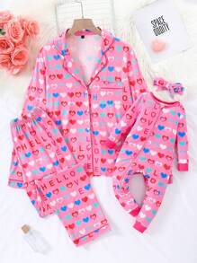 SHEIN Women's Casual Classic Lapel Pink Heart Print Top And Pants Pajama Set