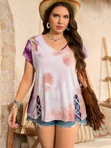 SHEIN LUNE Camiseta de manga corta con cuello en V y dobladillo decorado con lazo, estampado tie-dye, talla grande