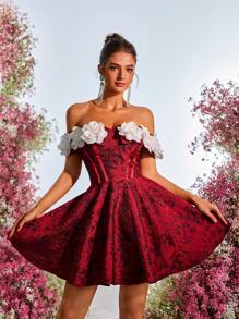 SHEIN Belle 优雅对比花卉提花面料露肩 A 字型公主裙，配有可调节后系带，婚礼宾客礼服，适合约会、生日、派对、婚礼、周年纪念、舞会、舞会礼服 - 紅色 - 查看 1