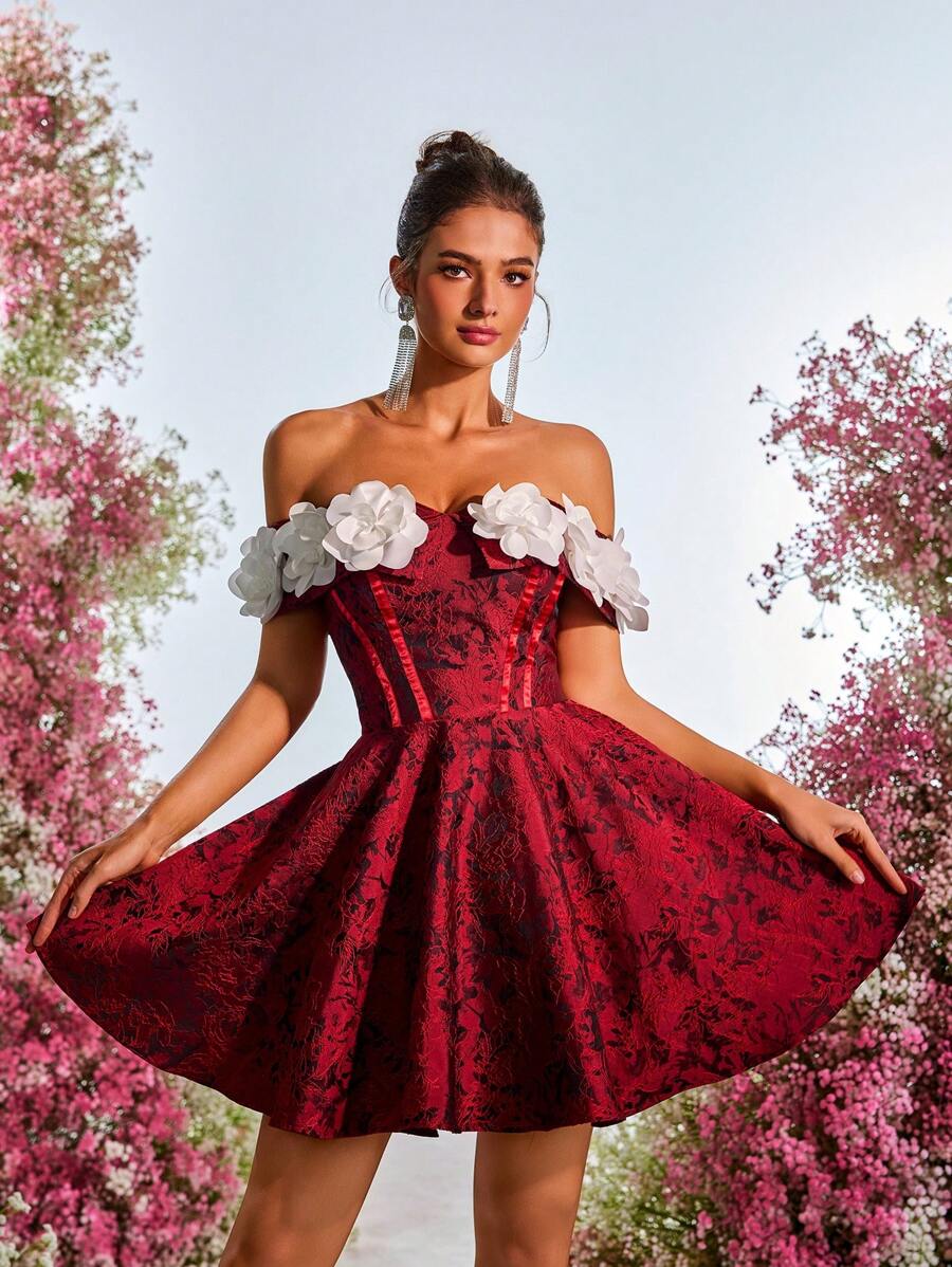 SHEIN Belle 优雅对比花卉提花面料露肩 A 字型公主裙，配有可调节后系带，婚礼宾客礼服，适合约会、生日、派对、婚礼、周年纪念、舞会、舞会礼服 - 紅色 - 查看 1