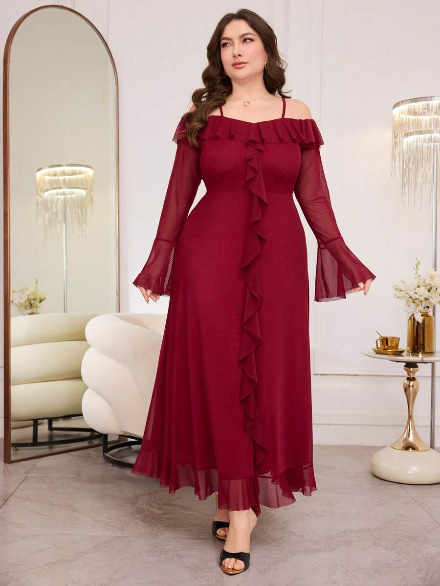 Modelyn Women Plus Size Off Shoulder Long Sleeve Flare Ruffled Mesh Elegant A-Line Dress - Red - View 1