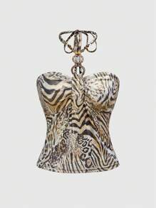 ROMWE Grunge Punk Y2K Vintage Sexy Leopard Pattern Metallic Beaded Collar Decorative Strapless Tank Top