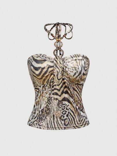 Grunge Punk Gilet da donna oversize senza spalline, decorato con colletto in perline e stampa leopardata vintage con dettagli in color oro, in stile Y2K